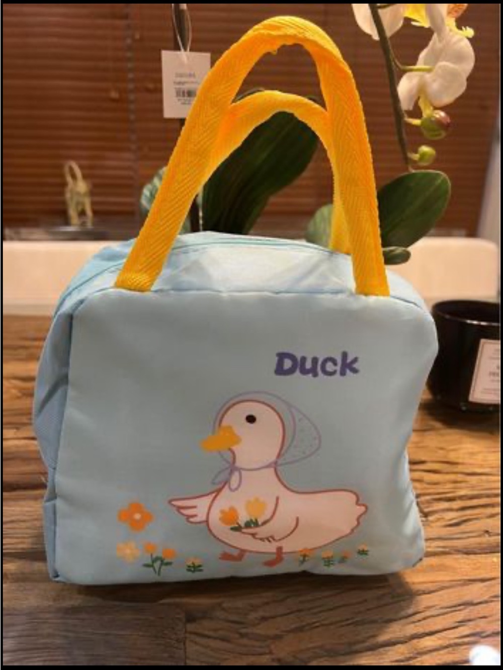 Cute Duck Print Kids Mini Insulated LunchBag in Light Blue with Yellow Handles